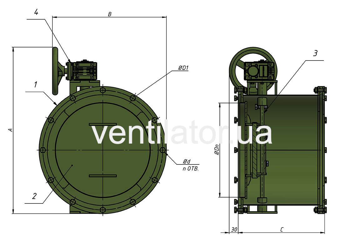 Overall dimensions of Hermetic valve KGRR with reducer