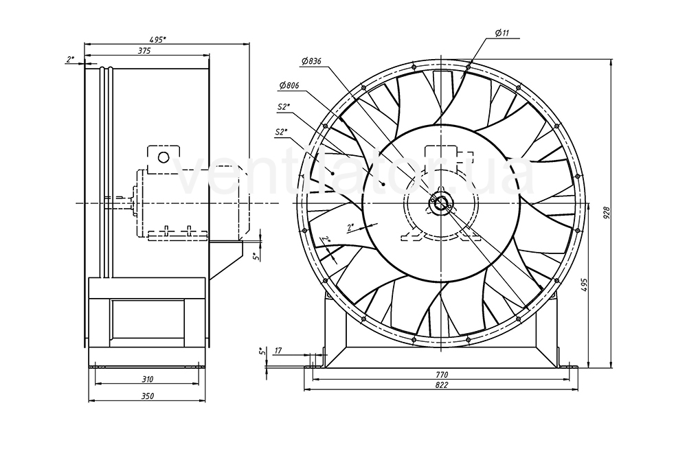 Overall dimensions of the V 2.3-130 #8 w/motor AIR 132 M4 11 kW 1500 rpm fan
