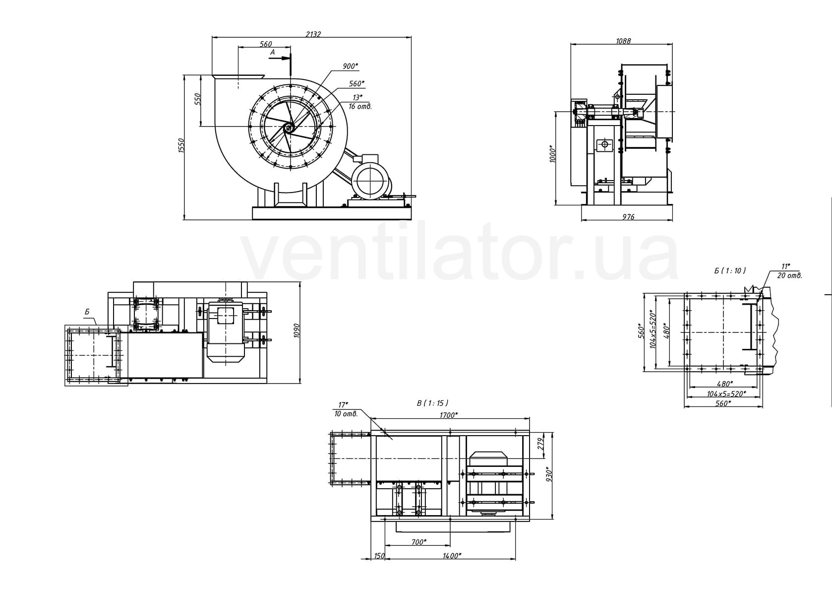 Overall dimensions of the fan VCP 6-46 #8 w/motor AIR 180 M4 30 kW 1500 rpm