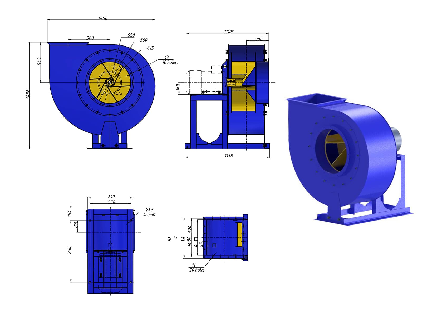 Overall dimensions of the fan VCP 6-46 #8 w/motor AIR 200 L4 45 kW 1500 rpm