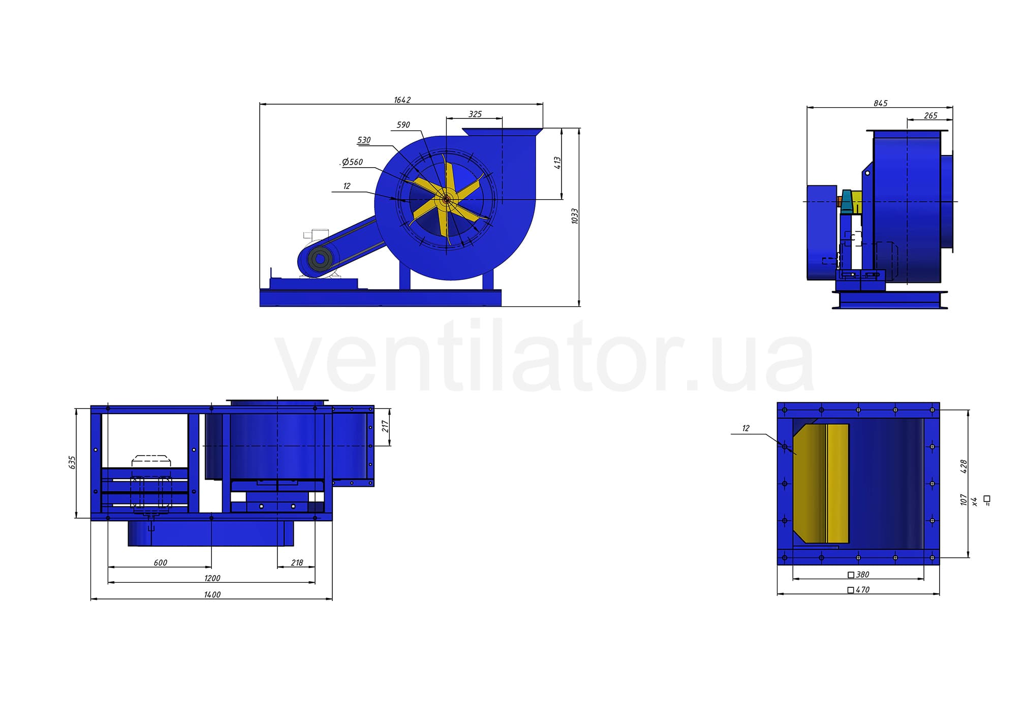 Overall dimensions of the VCP 7-40 #6.3 w/motor AIR 132 M4 11 kW 1500 rpm fan