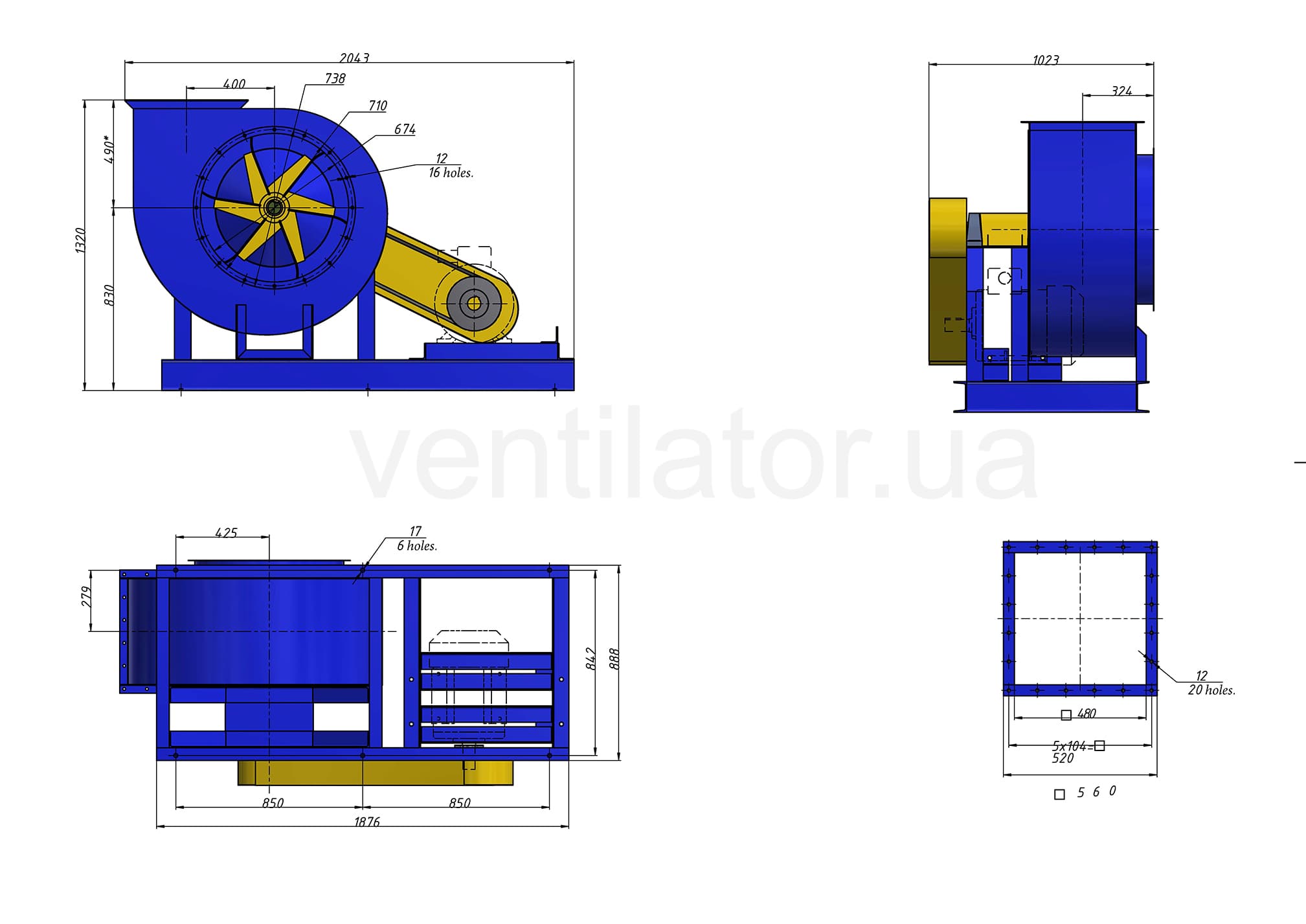 Overall dimensions of the VCP 7-40 #8 w/motor AIR 160 M4 18.5 kW 1500 rpm fan