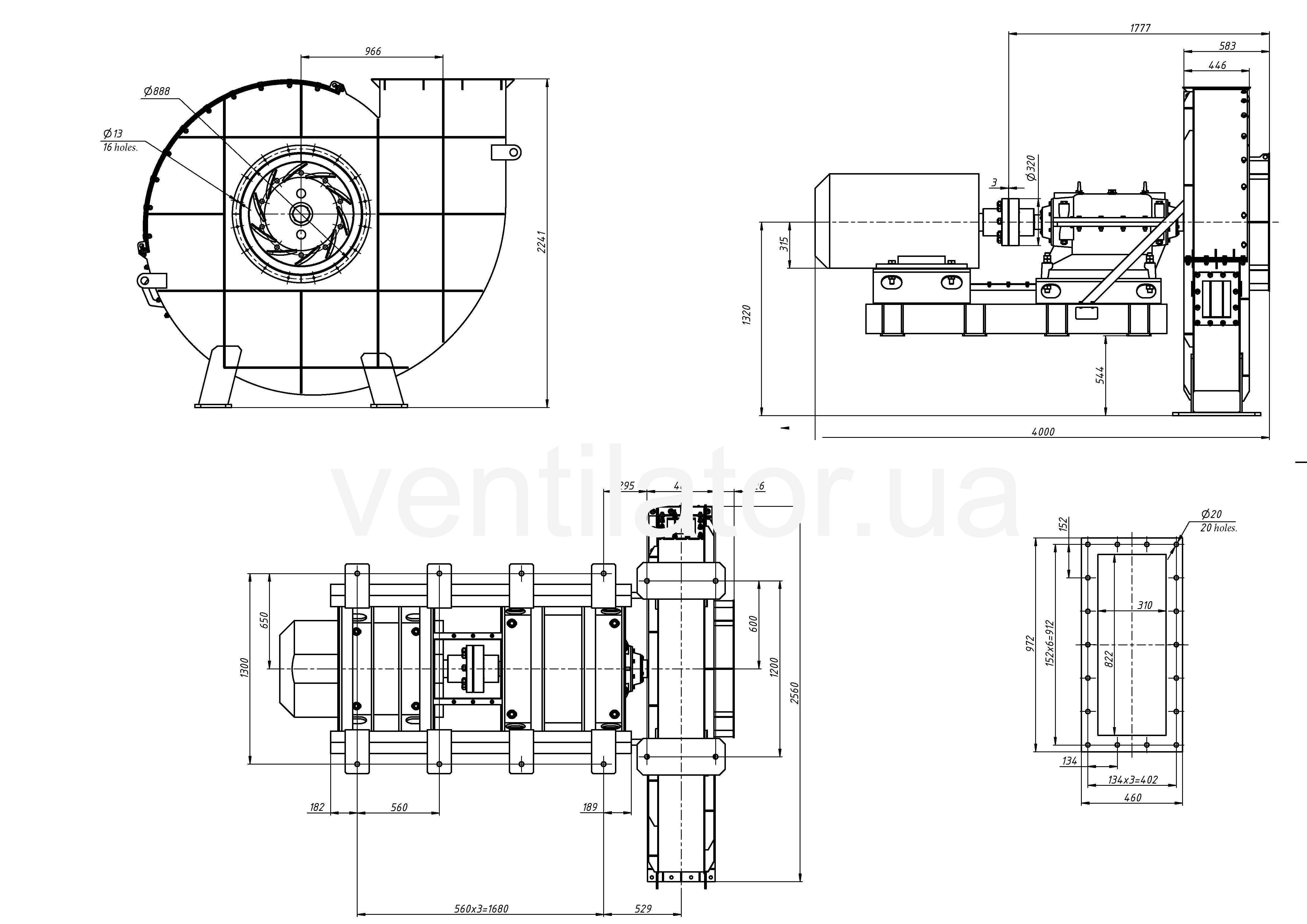 Overall dimensions of the fan VM #15 w/motor AIR 315 S4 160 kW 1500 rpm