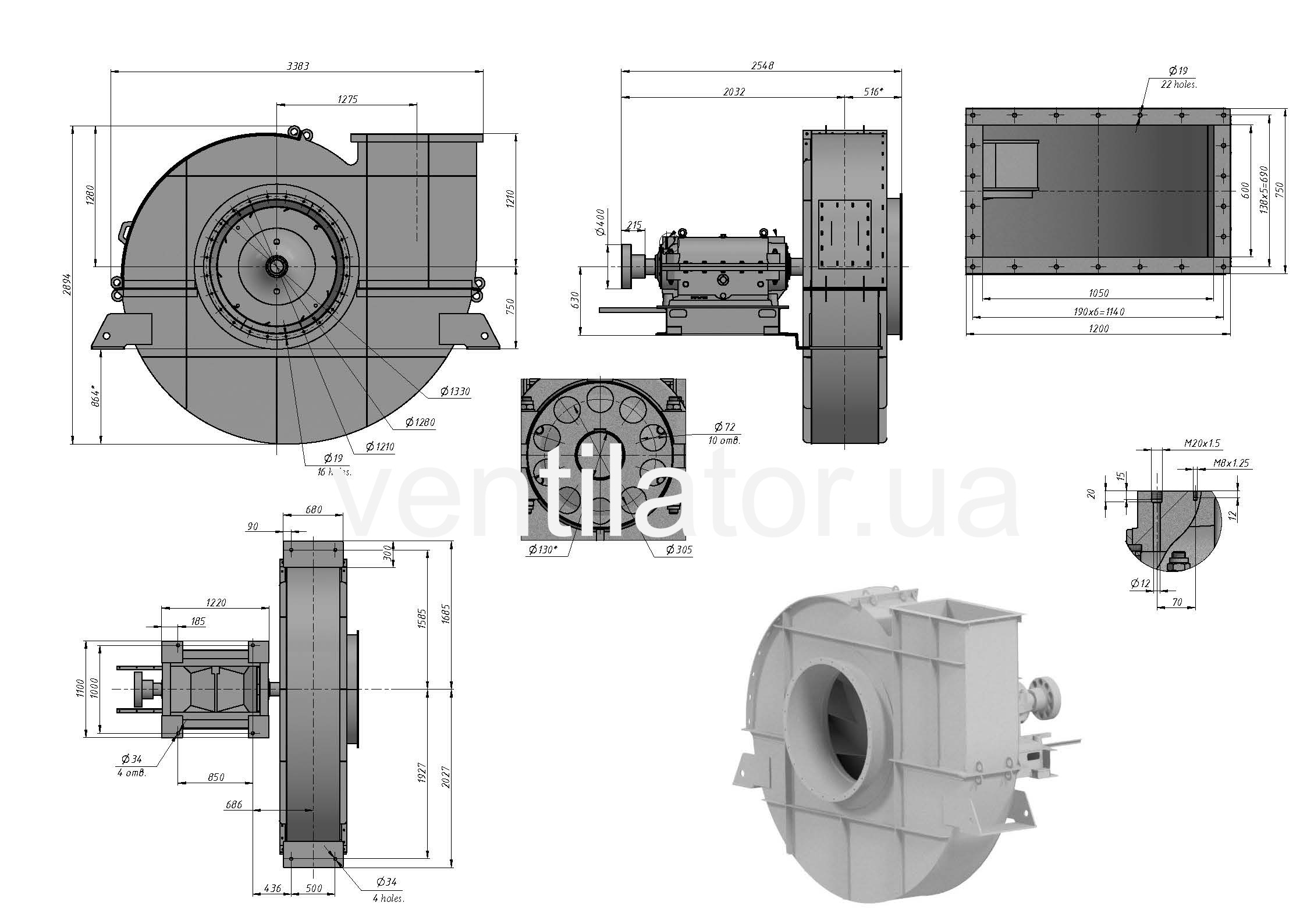 Overall dimensions of the VM #20 w/motor DAZO4-450Y-4МУ1 800 kW 1500 rpm fan