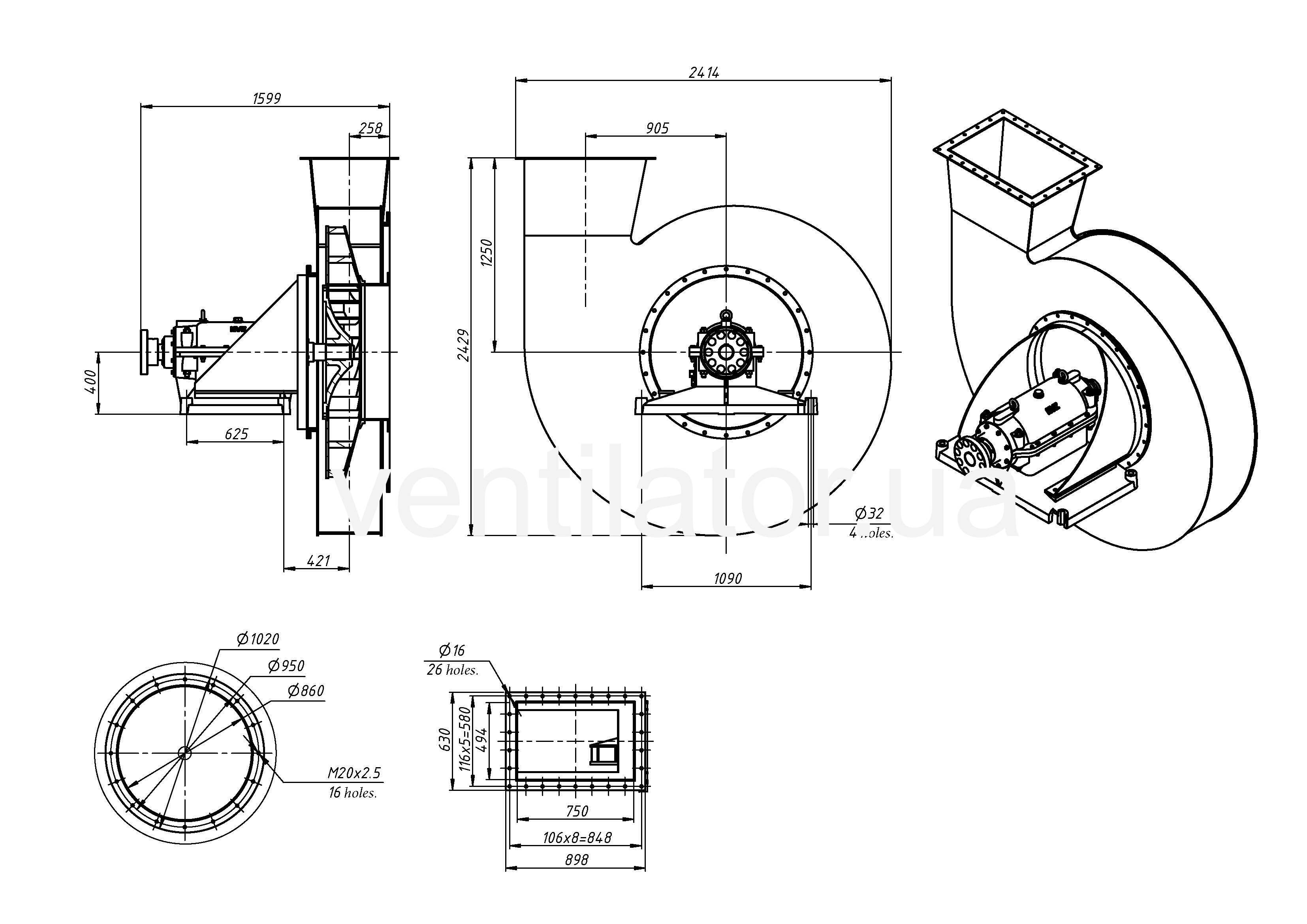 Overall dimensions of the fan VM #50-1000 w/motor AIR 355 M4 315 kW 1500 rpm