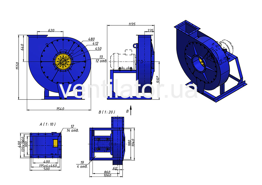  Overall dimensions of an industrial fan VC 6-28 (VR 120-28) #10 w/motor AIR 200 L4 45 kW 1500 rpm