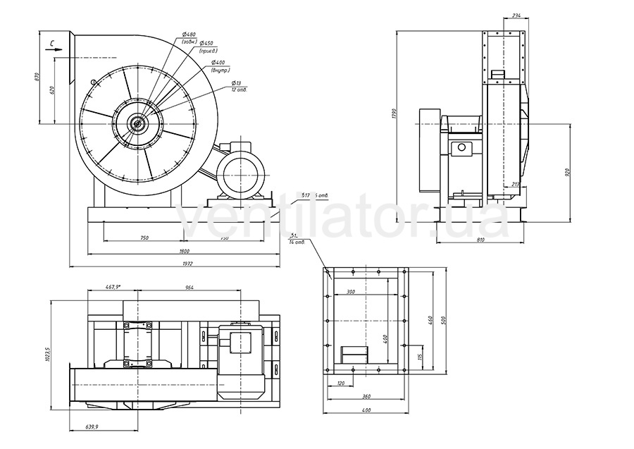  Overall dimensions of an industrial fan VC 6-28 (VR 120-28) #10 w/motor AIR 250 M4 90 kW 1500 rpm