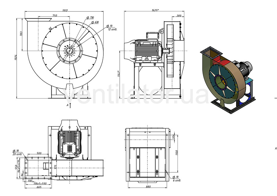  Overall dimensions of an industrial fan VC 6-28 (VR 120-28) #12.5 w/motor AIR 200 L6 30 kW 1000 rpm
