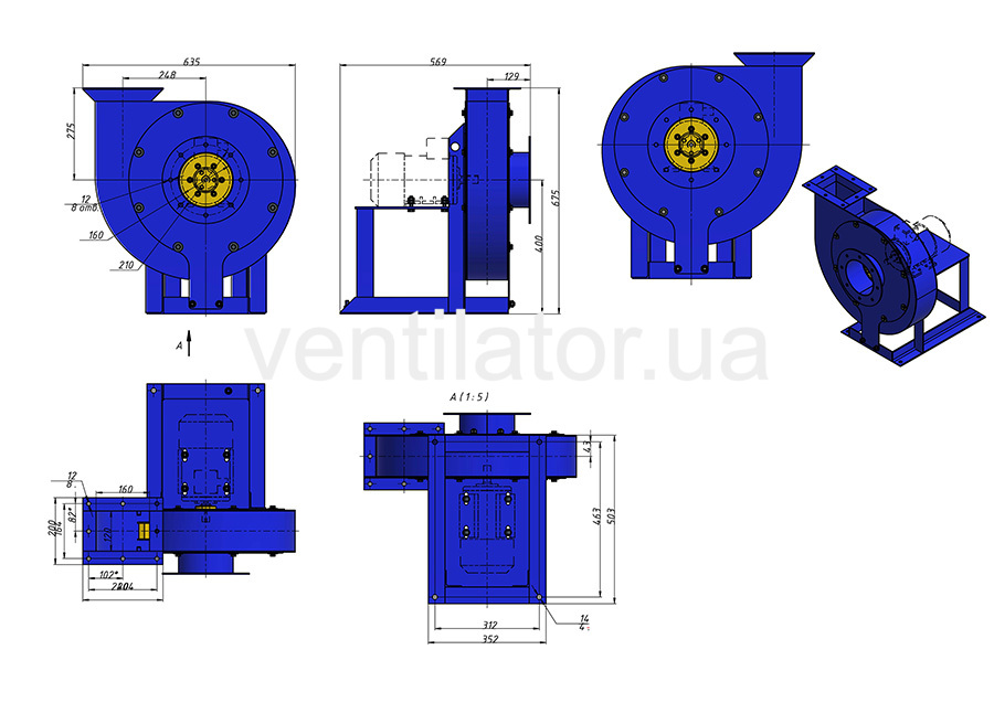 Overall dimensions of an industrial fan VC 6-28 (VR 120-28) #4 w/motor AIR 90 L2 3 kW 3000 rpm