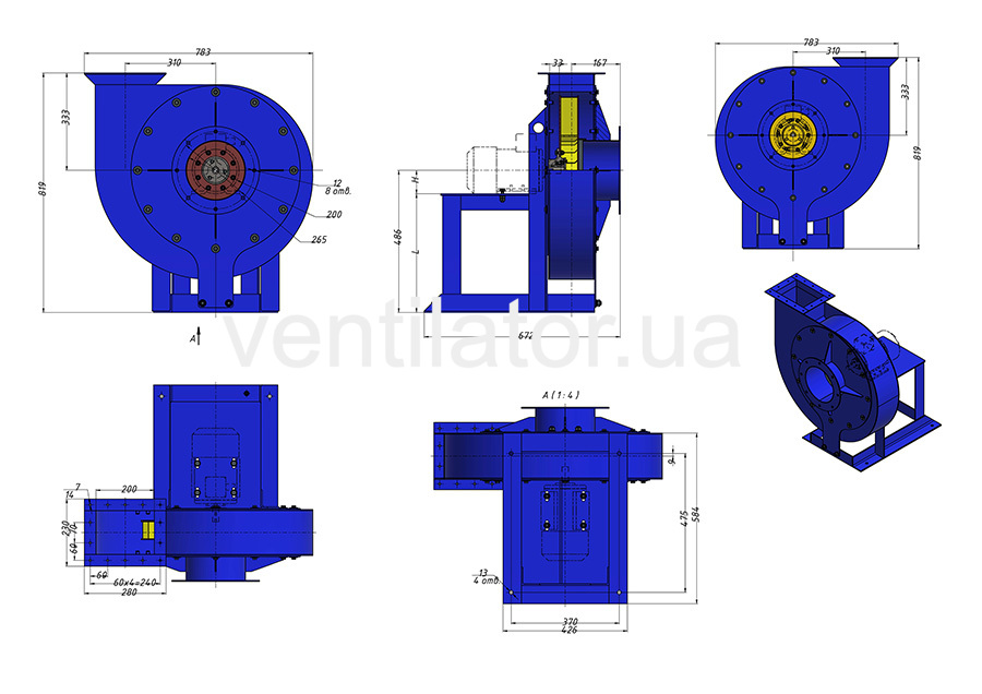  Overall dimensions of an industrial fan VC 6-28 (VR 120-28) #5 w/motor AIR 112 M2 7.5 kW 3000 rpm