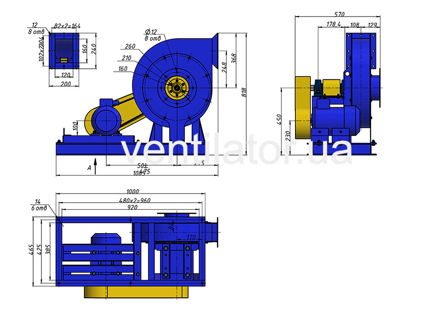 Overall dimensions of an industrial fan VC 6-28 (VR 120-28) #5 w/motor AIR 112 M2 7.5 kW 3000 rpm