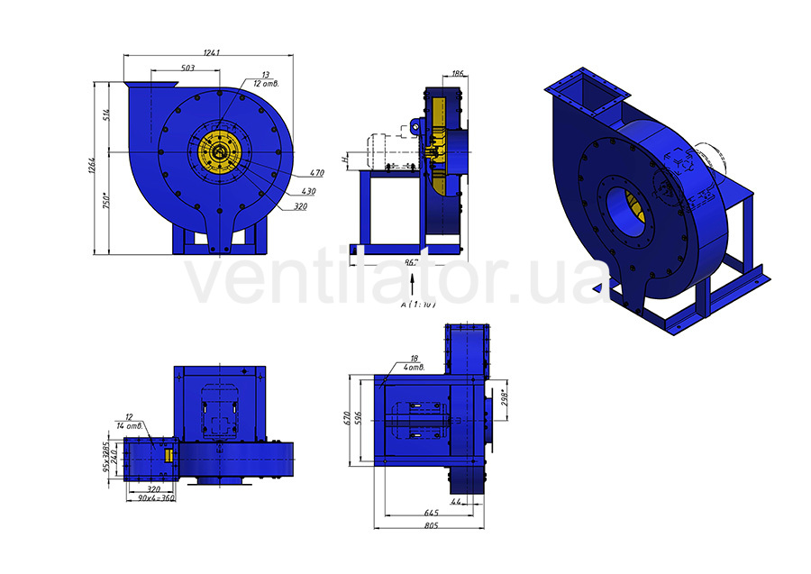  Overall dimensions of an industrial fan VC 6-28 (VR 120-28) #8 w/motor AIR 132 M4 11 kW 1500 rpm