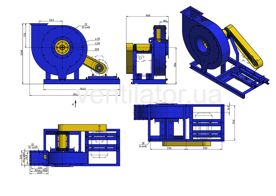  Overall dimensions of an industrial fan VC 6-28 (VR 120-28) #8 w/motor AIR 180 S4 22 kW 1500 rpm