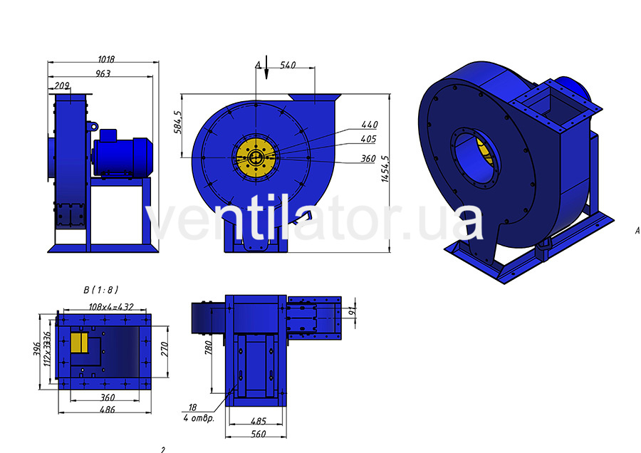  Overall dimensions of an industrial fan VC 6-28 (VR 120-28) #9 w/motor AIR 180 M4 30 kW 1500 rpm