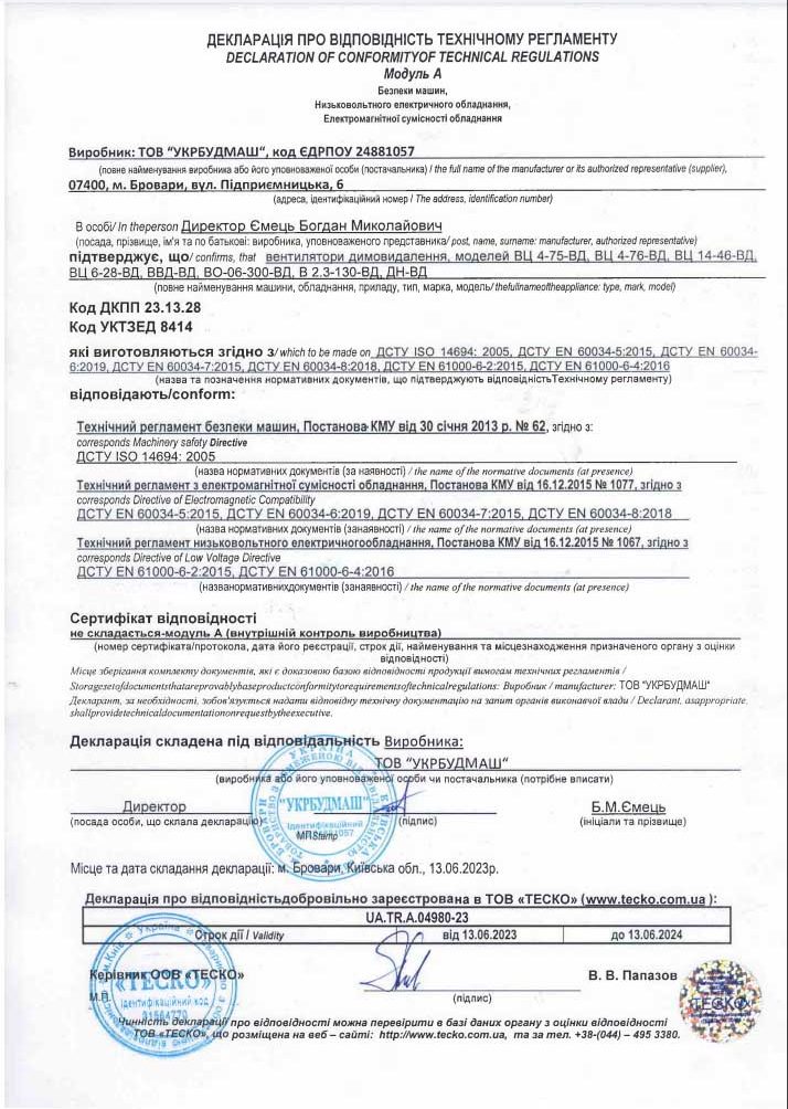 Сертифікат на вентилятор ВОМ