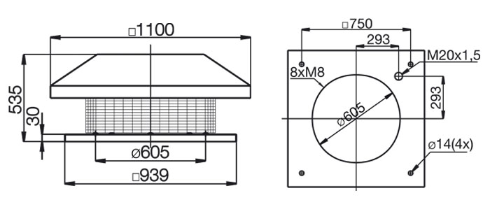 Габаритные размеры крышных вентиляторов Systemair DHS sileo 630DS Roof fan