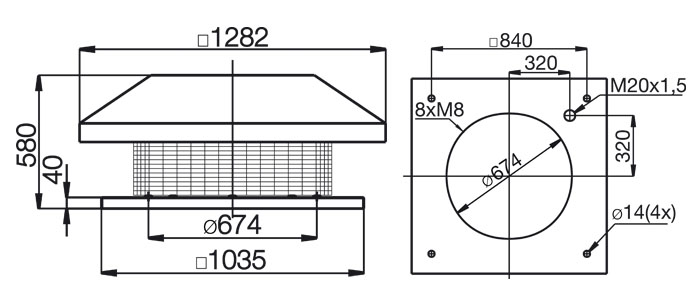 Габаритные размеры крышных вентиляторов Systemair DHS 710DS Roof fan