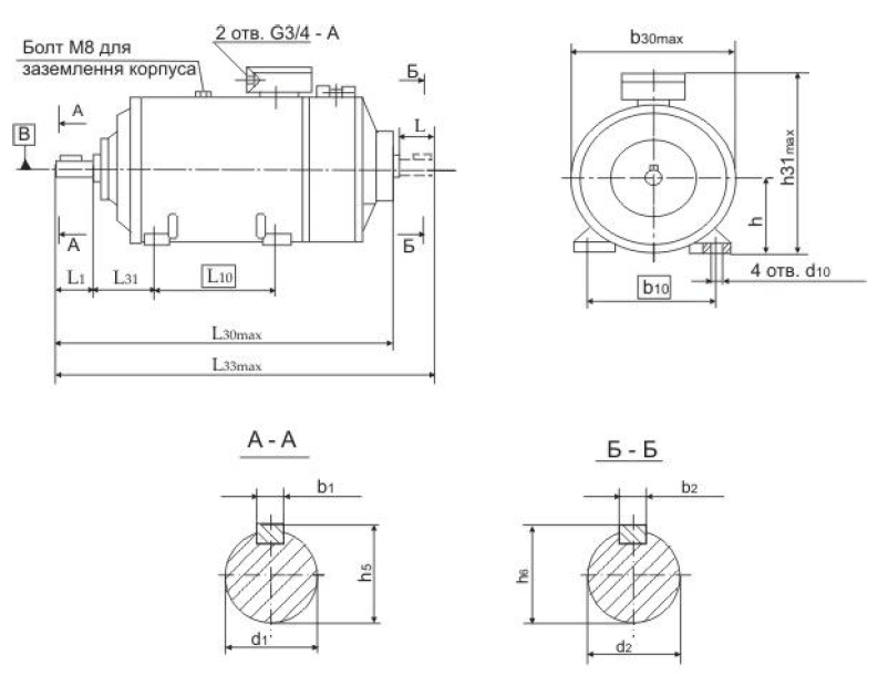 Габаритні розміри електродвигуна 4ПБМ 132LГ