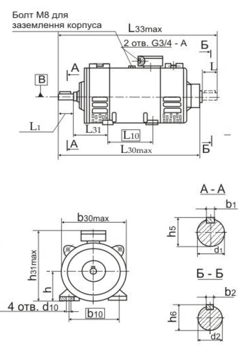 Габаритні розміри електродвигуна 4ПНМ 132МО4