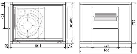 Габаритні розміри шумоізольованого вентилятора S&P CVT-380/380-N-2200W EXPORT