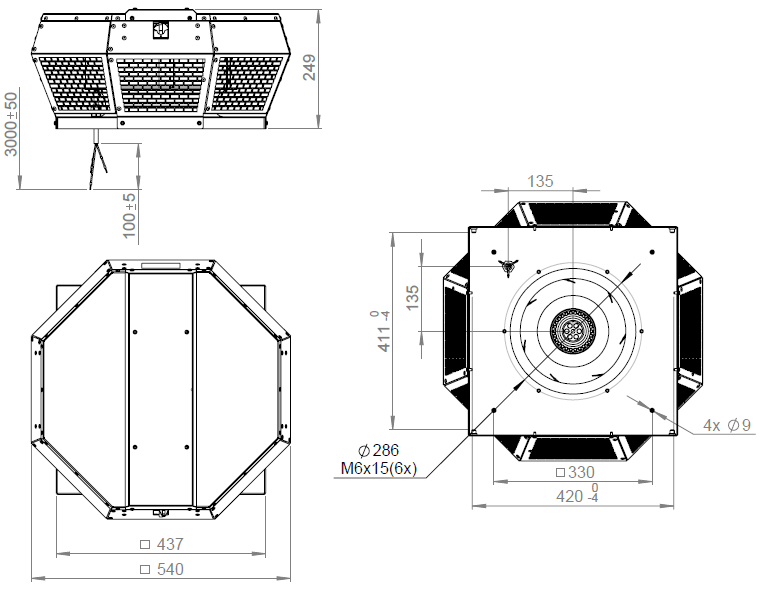 Габаритні розміри дахового вентилятора Ruck DHA 315 E4P 10 50 HZ