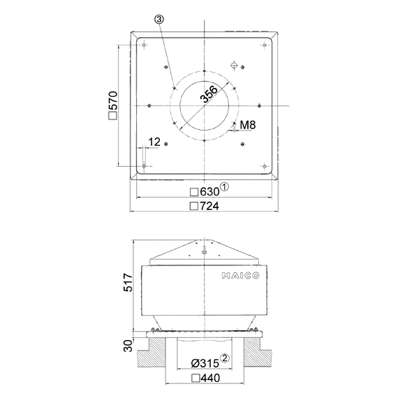 Габаритні розміри дахового вентилятора Maico DRD 31/4 B