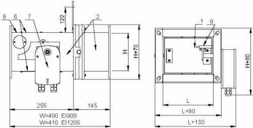 Габаритні розміри клапану Systemair PK-I-S-EI90S-150x150-DV7-T