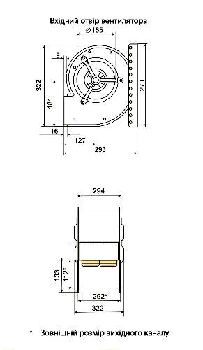 Габаритні розміри відцентрового вентилятора Fischbach D 340/E 1