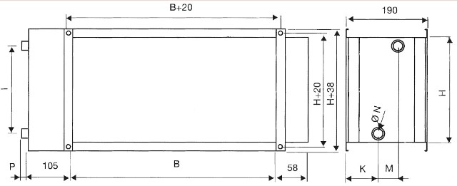 Габаритные размеры водяного воздухонагревателя S&P IBW-355-3