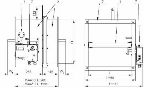 Габаритные размеры клапана Клапаны Systemair PK-I-S-EI90S-800x800-DV7-T
