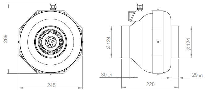 Габаритні розміри канального вентилятора Ruck RK 125L 50 HZ