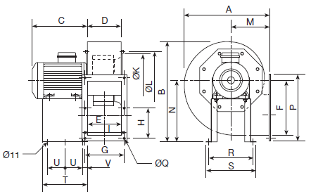 Габаритні розміри відцентрових вентиляторів S&P CHMT/4-315/130-3