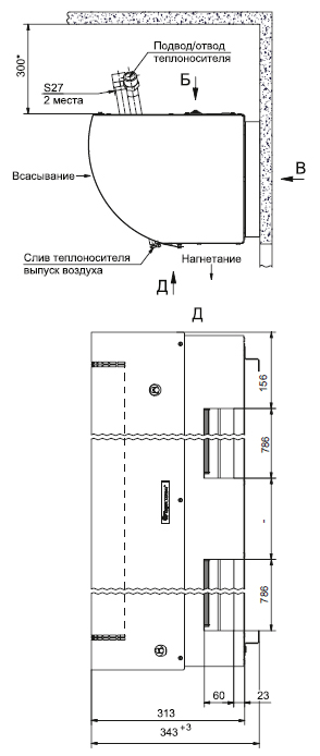 Габаритные размеры завесы Тепломаш КЭВ-28П313W