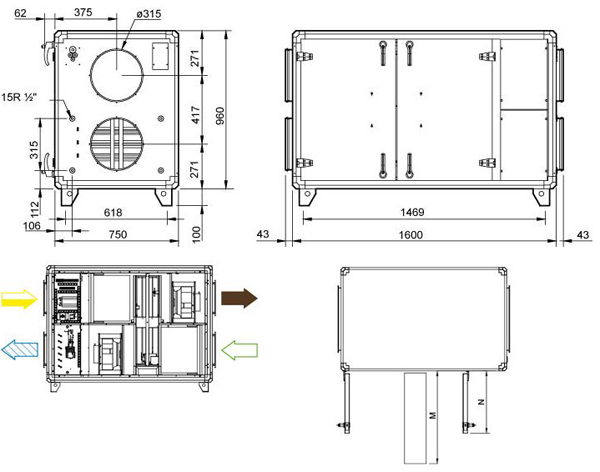 габаритные размеры агрегата Systemair TOPVEX SR03 HWL-L-VAV