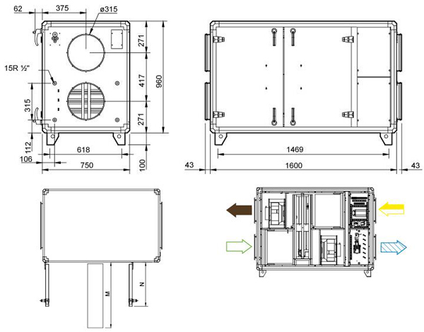 габаритные размеры агрегата Systemair TOPVEX SR03EL-R-CAV