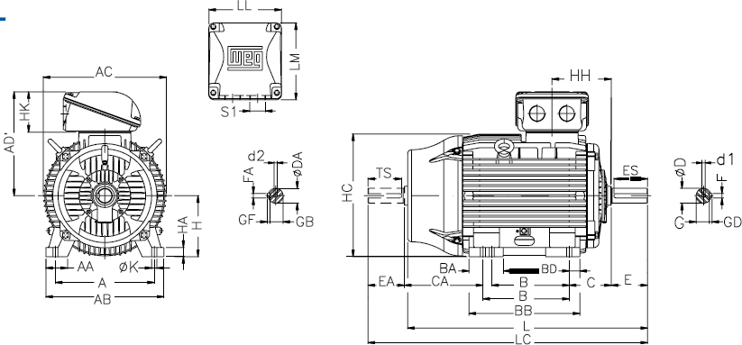 Габаритні розміри електродвигуна WEG W22 High 315S/M-06