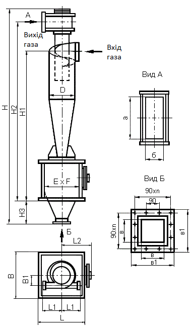 Габаритні розміри циклона ЦН-15-1200х1УП