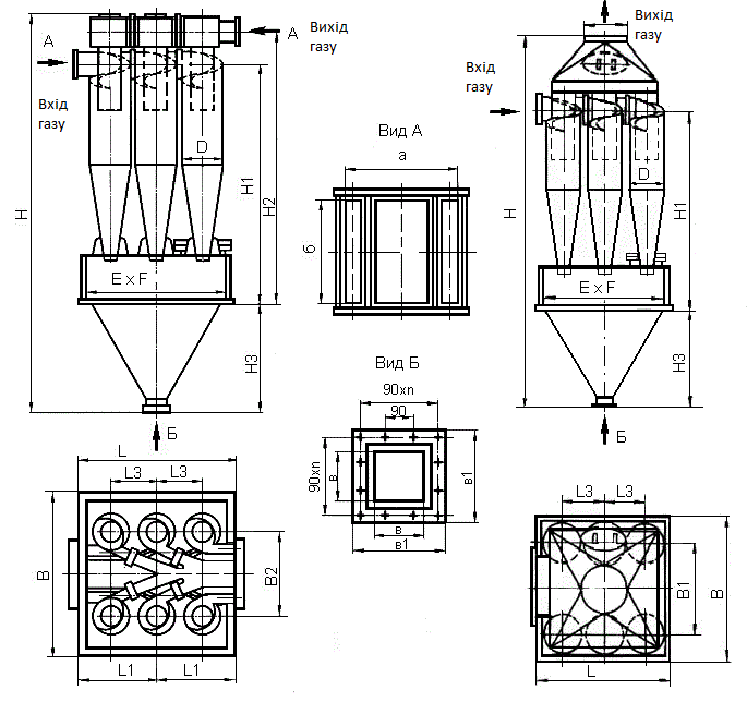 Габаритні розміри циклона ЦН-15-1000х6УП