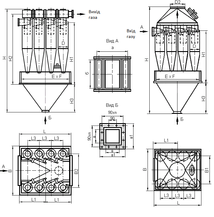 Габаритні розміри циклона ЦН-15-750х8CП