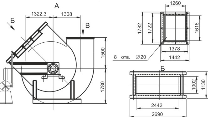 Габаритні розміри димотяга Dx2 21.5x2 w/motor AOD 800 kW 750 rpm