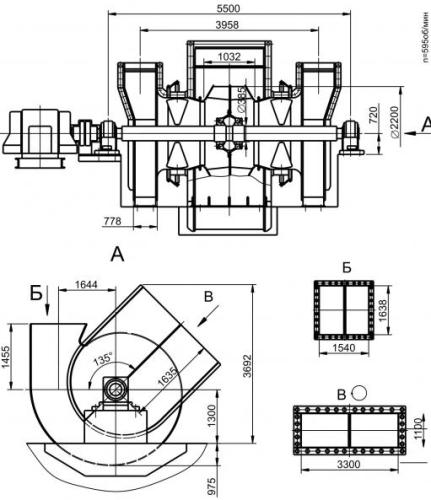 Overall dimensions of the fan DNx2 22x2 w/motor DAZO 250kW 600 rpm