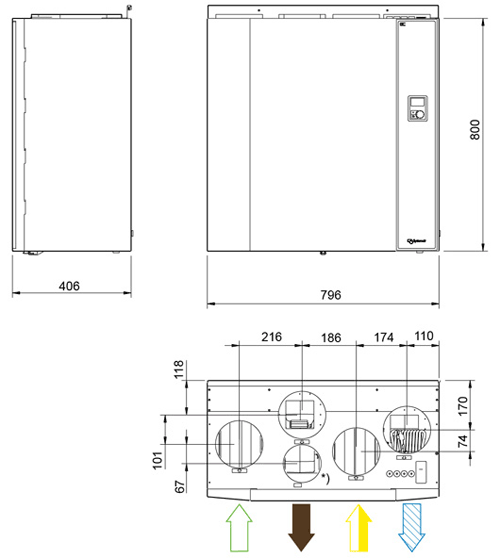 Габаритные размеры агрегата Бытовые вертикальные агрегаты Systemair VR 400 DCV/B R Heat rec. unit