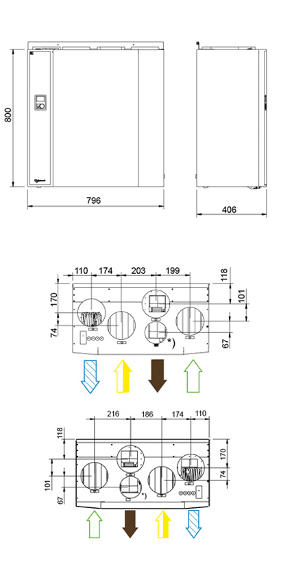 Габаритные размеры агрегата Бытовые вертикальные агрегаты Systemair VR 400 DCV/B L Heat rec. unit