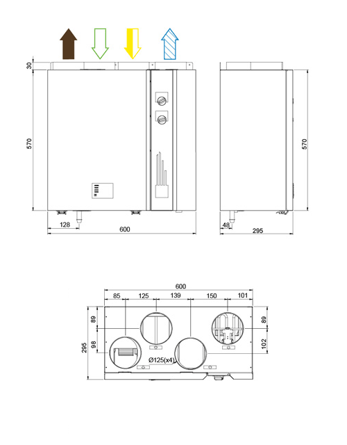 Габаритные размеры агрегата Бытовые вертикальные агрегаты Systemair VX 250 TV/P Heat rec.unit