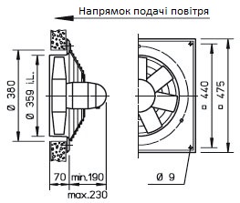 Габаритні розміри високопотужного осьового вентилятора Helios HQD 355/2