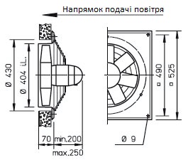 Габаритні розміри високопотужного осьового вентилятора Helios HQD 400/4/4