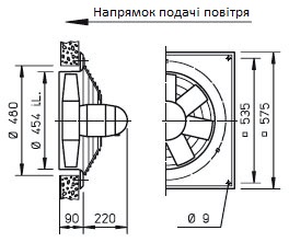 Габаритні розміри високопотужного осьового вентилятора Helios HQW 450/4