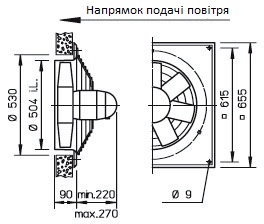 Габаритні розміри високопотужного осьового вентилятора Helios HQD 500/12/6