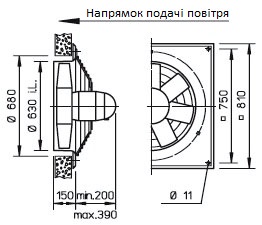 Габаритні розміри високопотужного осьового вентилятора Helios HQD 630/4/4