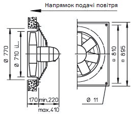 Габаритні розміри високопотужного осьового вентилятора Helios HQD 710/12/6..°